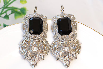 BLACK Filigree Earrings, Boho Jewelry, Big Drop Earrings, Antique Style Earrings, Long Black Evening Earrings, Bohemian Earrings, Rebeka