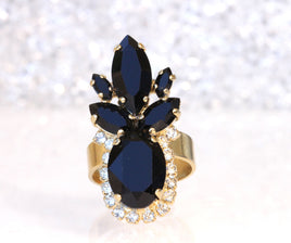 BLACK Rebeka Ring, Jet Black Ring, Gold Black Ring, Cocktail Ring, Stones Ring, Black Evening Jewelry, Black Crystal Ring, Fashion Ring