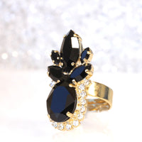 BLACK Rebeka Ring, Jet Black Ring, Gold Black Ring, Cocktail Ring, Stones Ring, Black Evening Jewelry, Black Crystal Ring, Fashion Ring