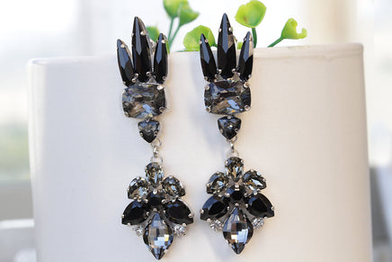 BLACK DIAMOND EARRINGS, Unusual Chandeliers,Black Gray Evening Earrings, Rebeka Long Earrings, Dramatic Cocktail Earrings , Mother Gift