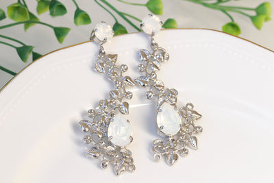 OPAL LEAF EARRINGS, Rebeka Earrings, White Bridal Earrings, Bridal Chandelier Earring, Wedding Jewelry For Brides, Woman Unique Earrings