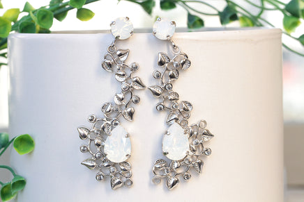 OPAL LEAF EARRINGS, Rebeka Earrings, White Bridal Earrings, Bridal Chandelier Earring, Wedding Jewelry For Brides, Woman Unique Earrings