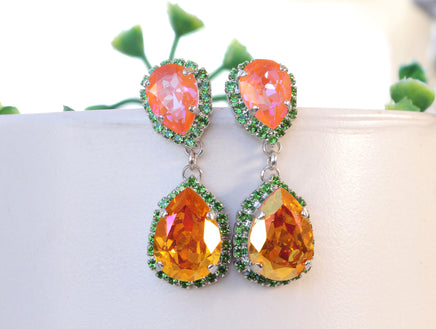 ORANGE GREEN EARRINGS, Colorful Earrings, Drop Earrings, Rebeka Earrings, Orange And Green Boho Earrings, Orange Emerald Handmade Earring