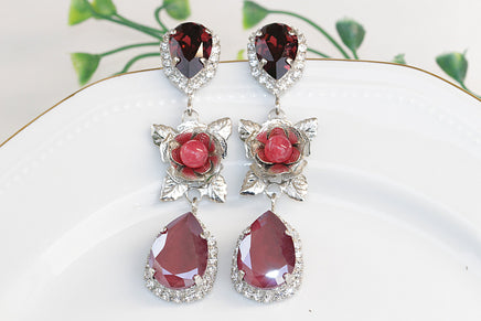 BORDEAUX EARRINGS, Burgundy Chandelier Earrings, Dark Red Flowers Earrings, Rebeka Earrings,Silver Floral Chandeliers,Mother of the Bride