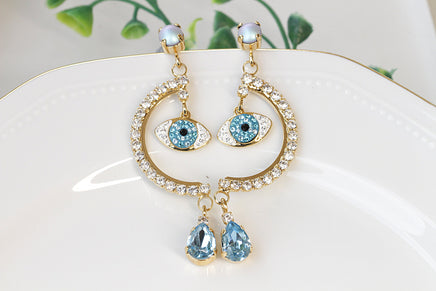 AQUAMARINE BLUE EARRINGS, Dangle Earrings, Blue Eyes Earrings, Earrings,Rebeka Charm, Half Hoop Earrings Gold, Luckily Evil Eye Earrings