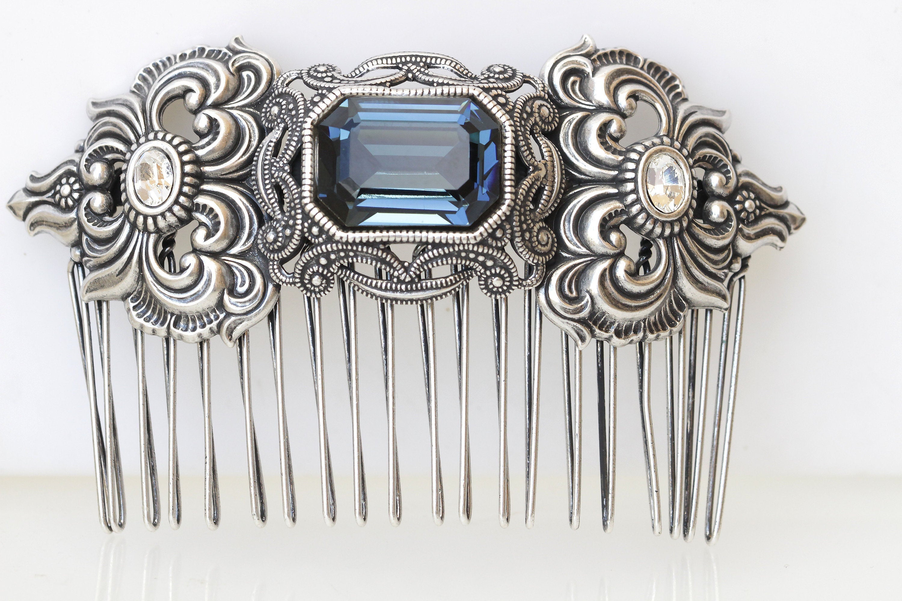Navy Blue SILVER HAIR Comb| Rebekajewelry