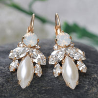 PEARL BRIDAL EARRINGS, Art Deco Wedding Earrings, Rebeka Opal Earrings, Rose Gold Wedding Drop Earrings, Ivory Bridesmaid Set for 5,6,7,8