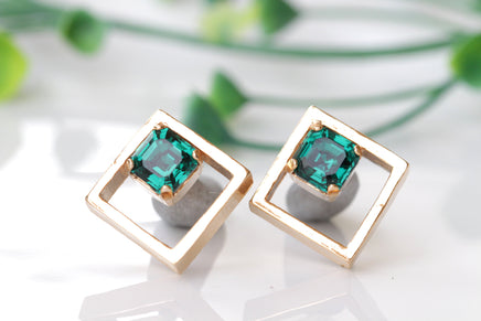 EMERALD STUD EARRINGS, Rebeka Emerald Wedding, Minimalist Square Earrings, Geometric Studs, Rose Gold Emerald Bridal Earring, Bridesmaid