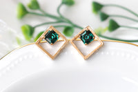 EMERALD STUD EARRINGS, Rebeka Emerald Wedding, Minimalist Square Earrings, Geometric Studs, Rose Gold Emerald Bridal Earring, Bridesmaid