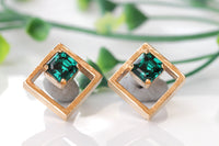 EMERALD STUD EARRINGS, Rebeka Emerald Wedding, Minimalist Square Earrings, Geometric Studs, Rose Gold Emerald Bridal Earring, Bridesmaid