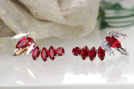 GARNET CLIMBING EARRINGS, Ab Crystal Rebeka Ear crawler Earrings, Bridal Ear climbing Earrings, Short Ear Cuff, Red Ruby Wedding Earrings