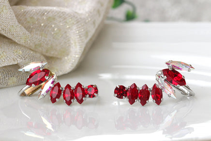 GARNET CLIMBING EARRINGS, Ab Crystal Rebeka Ear crawler Earrings, Bridal Ear climbing Earrings, Short Ear Cuff, Red Ruby Wedding Earrings