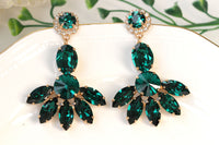 LONG EMERALD EARRINGS, Emerald Bridal Earring, Dark Green Earrings, Rebeka Earrings, Wedding Chandelier Earrings, Statement Fan Earring