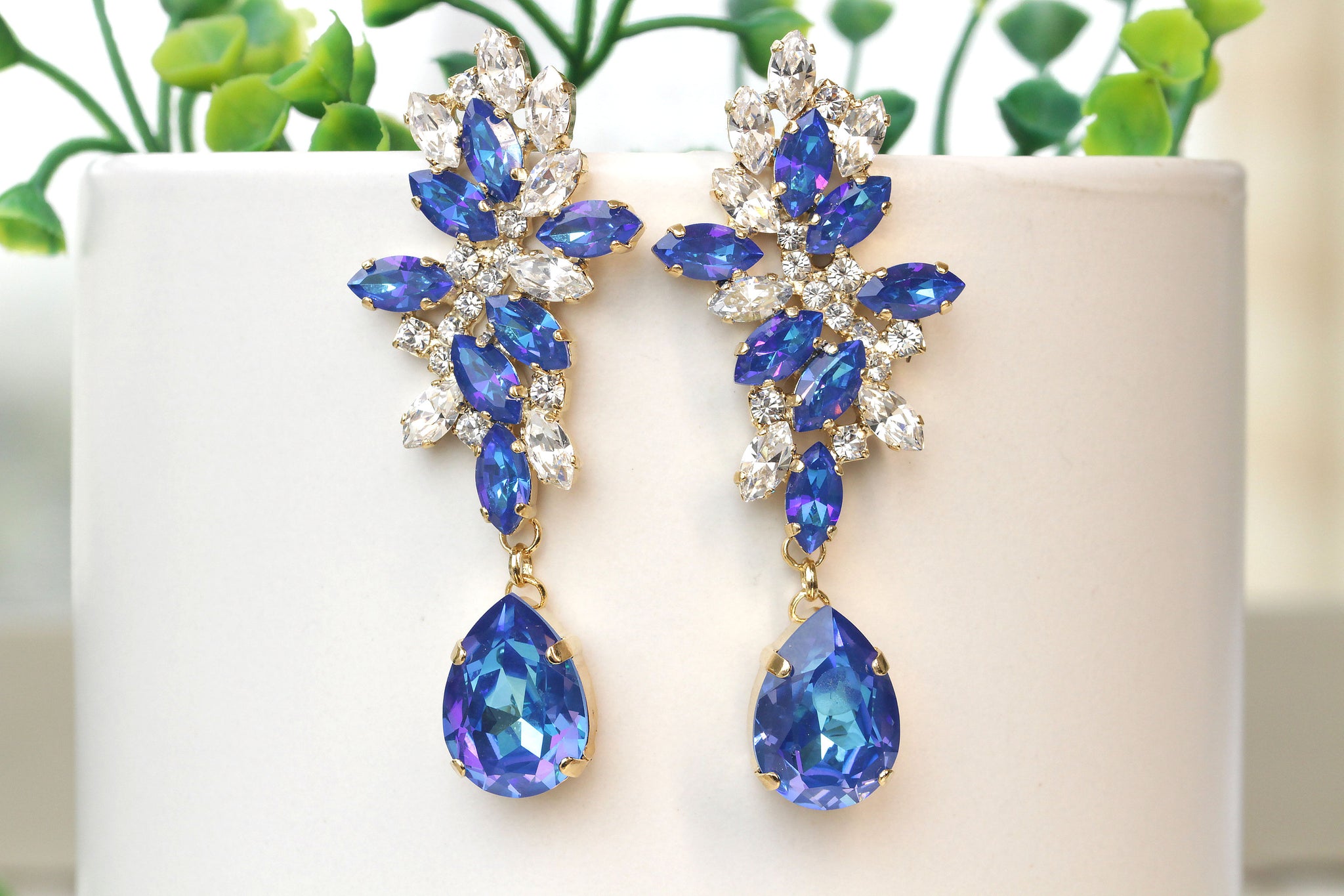 earrings for royal blue dress Large Blue Earrings Sapphire, Royal Blue & Navy Crystal Statement Styles for Prom & Pageant | L&M Bling