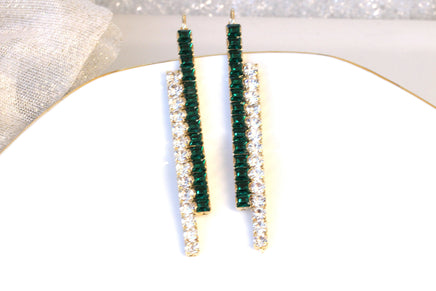 EMERALD BAR EARRINGS, Bridal Linear Earrings, Stick Earrings, Rebeka Earrings,Wedding Jewelry, Art Deco Emerald Green Rhinestone Earrings