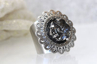 GRAY RING, Silver Night Ring, Rebeka Ring, Antique Silver Cocktail Ring, Filigree Dark Gray Ring,Statement Ring, Chunky Ring,Fashion Ring