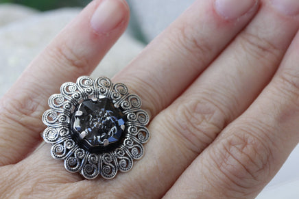 GRAY RING, Silver Night Ring, Rebeka Ring, Antique Silver Cocktail Ring, Filigree Dark Gray Ring,Statement Ring, Chunky Ring,Fashion Ring