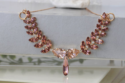 ANTIQUE PINK NECKLACE,Rebeka Bridal Blush Rhinestone Necklace,Wedding Jewelry,Statement Cluster Necklace, Bride Morganite Leaves Necklace