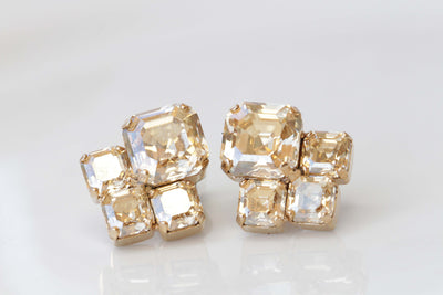 CHAMPAGNE CLUSTER STUDS, Wedding Earrings, Rebeka Earring, Minimalist Square Bridal Small Studs,Bridesmaids Set Of 5,6,7,8,9 Earring Gift