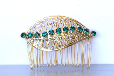 EMERALD Rebeka Hair Comb, Ornamented Leaf Hair Comb, Custom Requested Jewelry, Green Rebeka Hair Comb, Dark Green Rhinestone Headpiece