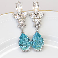 AQUAMARINE DANGLE EARRINGS,Bridal Light Blue Earrings,Genuine Rebeka Bridesmaid earring Set Gift, Crystal Long Wedding Chandelier earring