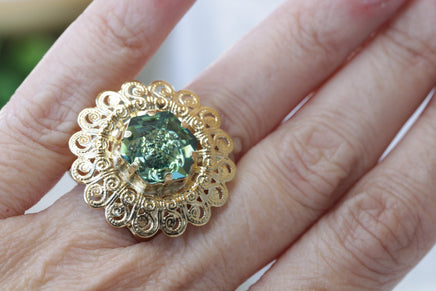 EMERALD RING, Gold Plated Ring, Rebeka Ring, Big Cocktail Ring, Filigree Adjustable Ring,Statement Ring, Chunky Ring,Fashion Woman Ring