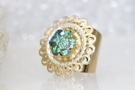 EMERALD RING, Gold Plated Ring, Rebeka Ring, Big Cocktail Ring, Filigree Adjustable Ring,Statement Ring, Chunky Ring,Fashion Woman Ring