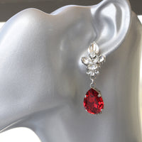 RED LONG EARRINGS, Bridal Ruby Red Earring,Rebeka Crystal Jewelry, Bridesmaid Silver Unique earring Set Gift, Wedding Cluster Chandeliers