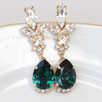 GREEN EMERALD EARRINGS,Teardrop Wedding Earrings long,Emerald Rebeka Crystal Earrings,Jewelry Set For Brides,Rose Gold Bridal Chandeliers