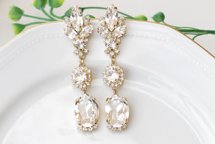 CRYSTAL LONG EARRINGS, Bridal Vintage Crystal Chandeliers, Bridal Gold Impressive Earrings, Rebeka Statement Bride White Clear Earring,