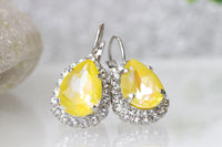 YELLOW SILVER Earrings, Bridal Earring,Buttercup Yellow Rhinestone Teardrop Dangle Earrings, Yellow Bridesmaid Earrings Gift,Rebeka Lemon