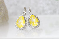 YELLOW SILVER Earrings, Bridal Earring,Buttercup Yellow Rhinestone Teardrop Dangle Earrings, Yellow Bridesmaid Earrings Gift,Rebeka Lemon