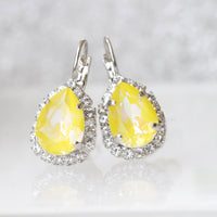 YELLOW SILVER Earrings, Bridal Earring,Buttercup Yellow Rhinestone Teardrop Dangle Earrings, Yellow Bridesmaid Earrings Gift,Rebeka Lemon