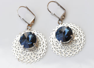 BLUE NAVY Dangle EARRINGS, Navy Blue Bridal Earrings, Dark Blue Topaz Earrings, Earrings For Work, Silver Montana Rebeka Rivoli Jewelry