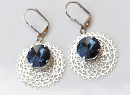 BLUE NAVY Dangle EARRINGS, Navy Blue Bridal Earrings, Dark Blue Topaz Earrings, Earrings For Work, Silver Montana Rebeka Rivoli Jewelry