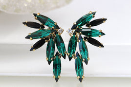 EMERALD BLACK EARRINGS,Green Black Stud Earrings,Bridal Dark Green Earrings, Rebeka Crystal Large Studs,Statement Wedding Bridesmaid Gift