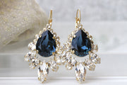 Navy Blue Bridal EARRINGS, Dangle Cluster Earrings, Bridal Dark Blue Jewelry, Crystals Earrings,Wedding Rebeka Jewelry, Mother Of Brides