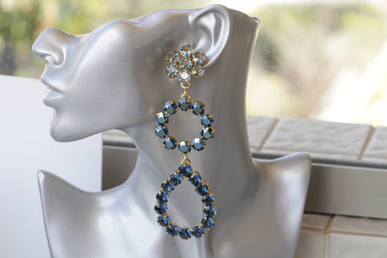 EXTRA LONG BLUE Earrings, Shoulder Dusters Earrings, Rebeka Cocktail Earrings, Very Long Diva Earrings, Oscar Jewelry,Statement Navy Blue