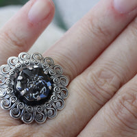 GRAY RING, Silver Night Ring, Rebeka Ring, Antique Silver Cocktail Ring, Filigree Dark Gray Ring,Statement Ring, Chunky Ring,Fashion Ring