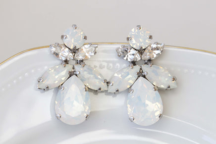 OPAL BRIDAL EARRINGS, White Opal Bridesmaid Earring, Rebeka Earrings, White Stud Earrings, Jewelry For Bride, Crystal Cluster Large Studs