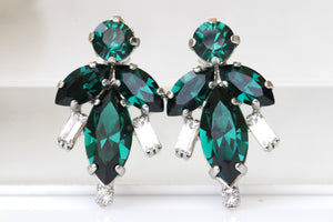 EMERALD EARRINGS, Emerald Green Cluster Stud Earrings, Bridal Dark Green Rebeka Earrings ,Wedding Art Deco Earrings, Unique Earrings,