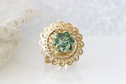 EMERALD RING, Gold Plated Ring, Rebeka Ring, Big Cocktail Ring, Filigree Adjustable Ring,Statement Ring, Chunky Ring,Fashion Woman Ring