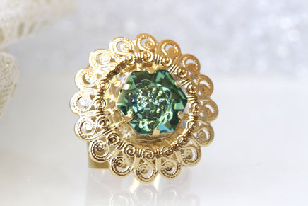 EMERALD RING, Gold Plated Ring, Rebeka Ring, Big Cocktail Ring, Filigree Adjustable Ring,Statement Ring, Chunky Ring,Fashion Woman Ring