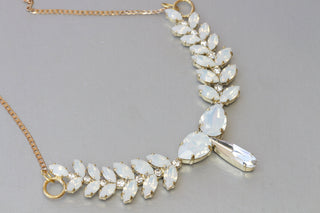 OPAL NECKLACE,Rebeka Bridal White Rhinestone Necklace, Wedding Opal Jewelry, Statement Cluster Necklace, Bride White Opal Leaves Necklace
