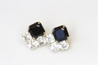 BLACK CLUSTER STUDS, Wedding Jet Crystals Earrings, Rebeka Earring, Minimalist Square Bridal Small Studs,Bridesmaids Black White Earrings