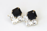 BLACK CLUSTER STUDS, Wedding Jet Crystals Earrings, Rebeka Earring, Minimalist Square Bridal Small Studs,Bridesmaids Black White Earrings