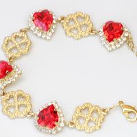 RED HEART BRACELET, Red Ruby Bridal Bracelet, Rebeka Heart Bracelet, Heart Shaped Bracelet,Gift For Wife, Patrick&#39;s Day Gift,Red And Gold