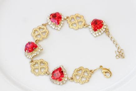 RED HEART BRACELET, Red Ruby Bridal Bracelet, Rebeka Heart Bracelet, Heart Shaped Bracelet,Gift For Wife, Patrick&#39;s Day Gift,Red And Gold