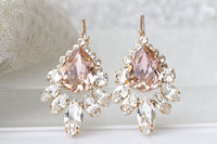 MORGANITE DROP EARRINGS, Blush Crystal Earrings, Bridal Pink Earring,Cluster Big Earrings, Bridal Rebeka Earrings,Vintage Wedding Droplet