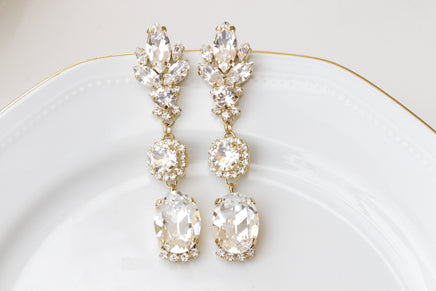 CRYSTAL LONG EARRINGS, Bridal Vintage Crystal Chandeliers, Bridal Gold Impressive Earrings, Rebeka Statement Bride White Clear Earring,